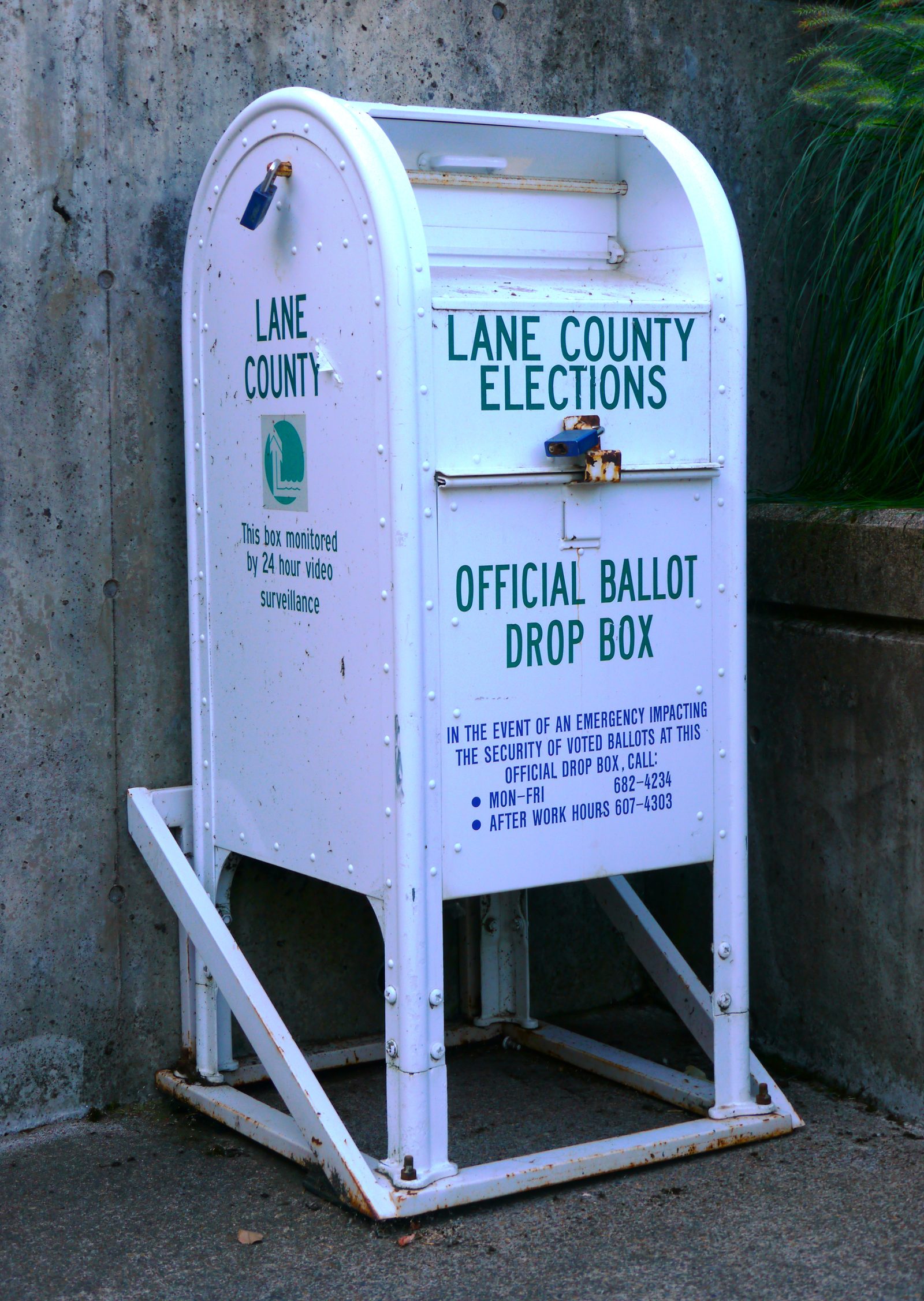 An official ballot drop box in Lane County, Oregon. Monterey County opens its secure drop boxes on Monday, Oct. 5; they accept ballots through 8 p.m. on Election Day, Nov. 3.