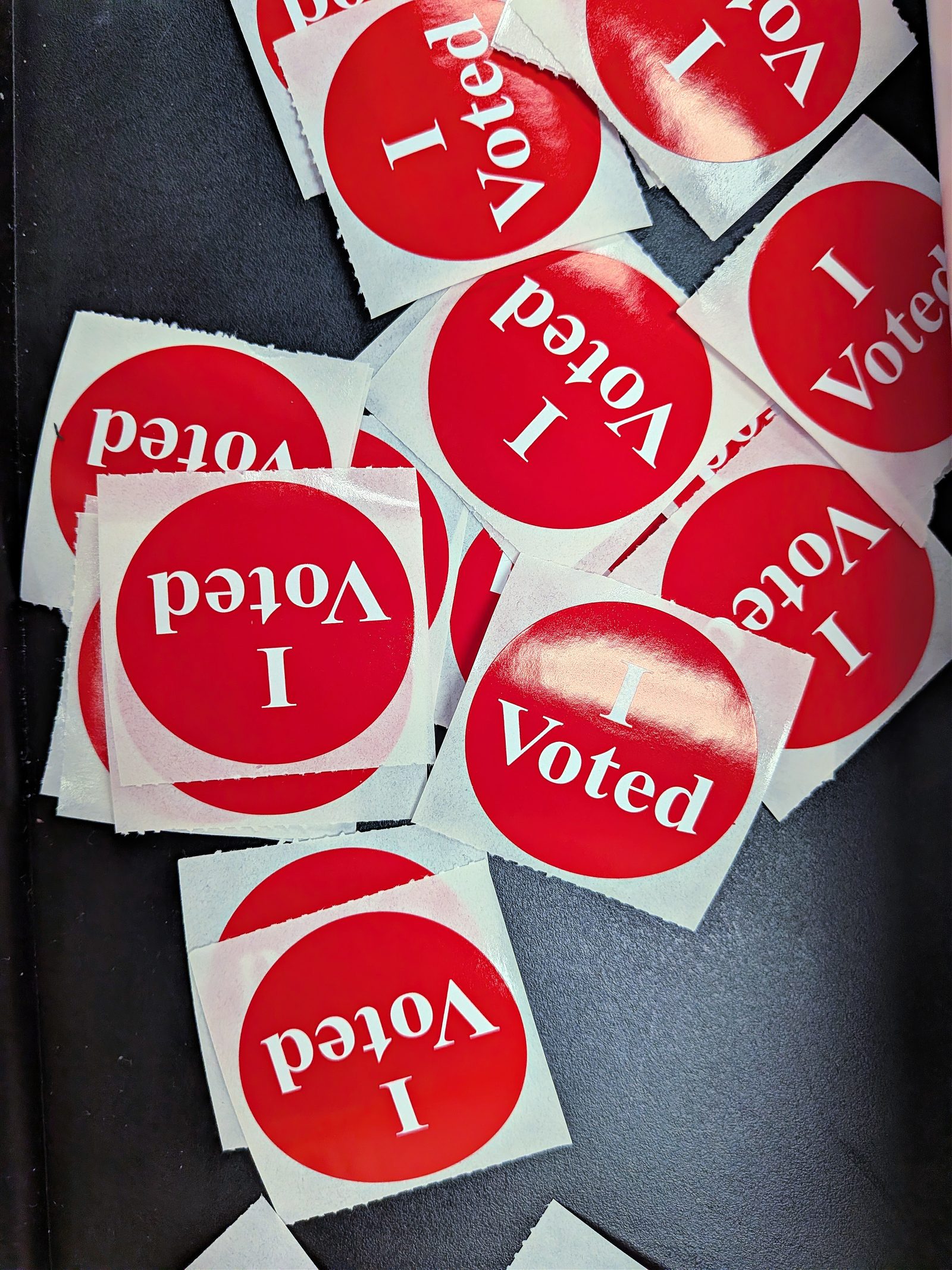 A pile of &ldquo;I Voted&rdquo; stickers. The deadline to register for the Nov. 3 general election is Monday, Oct. 19; Californians can register at registertovote.ca.gov.