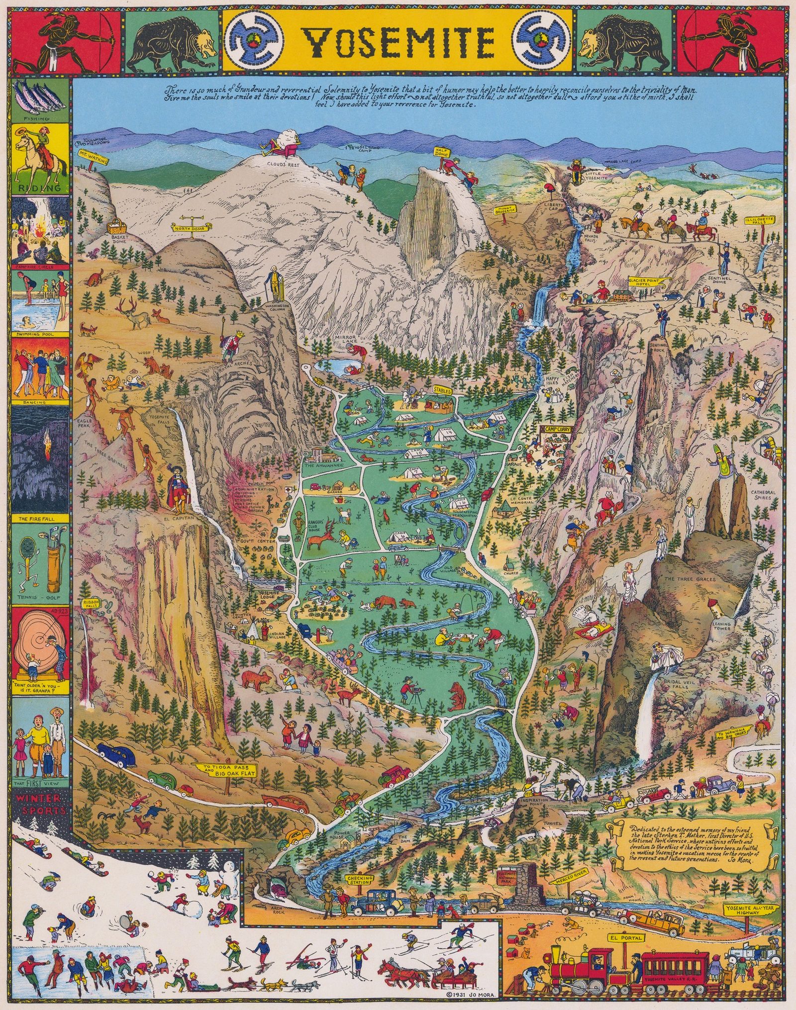 Jo Mora's 1931 pictorial map of Yosemite Valley, from the Carmel artist's celebrated period of decorative maps, or cartes.