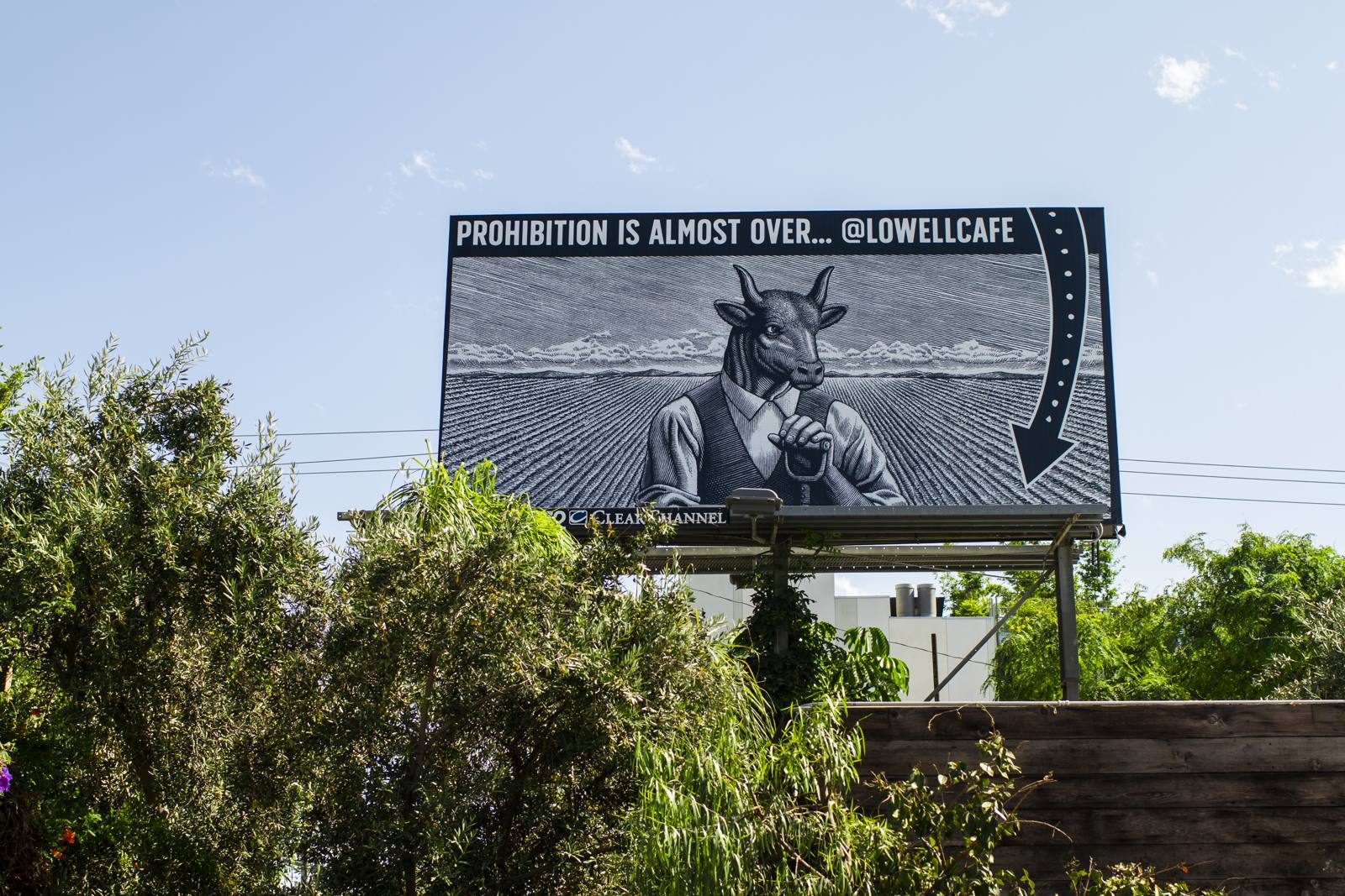A billboard for the Lowell Cafe, West Hollywood's licensed cannabis consumption lounge, photographed in August 2019. Monterey County studied West Hollywood, San Francisco, Santa Cruz County, and National City as models while drafting its ordinance.