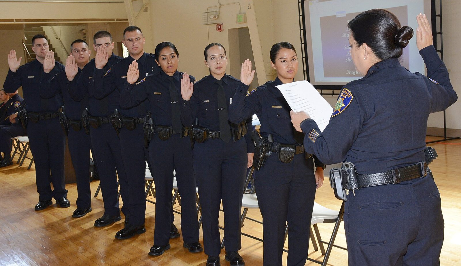 Salinas police officers take the oath at a swearing-in ceremony in August 2017. The department said its Violence Suppression Task Force and SWAT served search warrants in Salinas on Oct. 6.