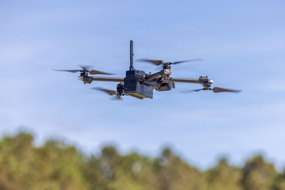 A Skydio X2D drone in flight during a training session at Marine Corps Base Camp Lejeune, North Carolina, on Sept. 15, 2026. The contract the supervisors approved on Oct. 13 supplies Skydio drones to the Monterey County Sheriff's Office through Axon Enterprises.